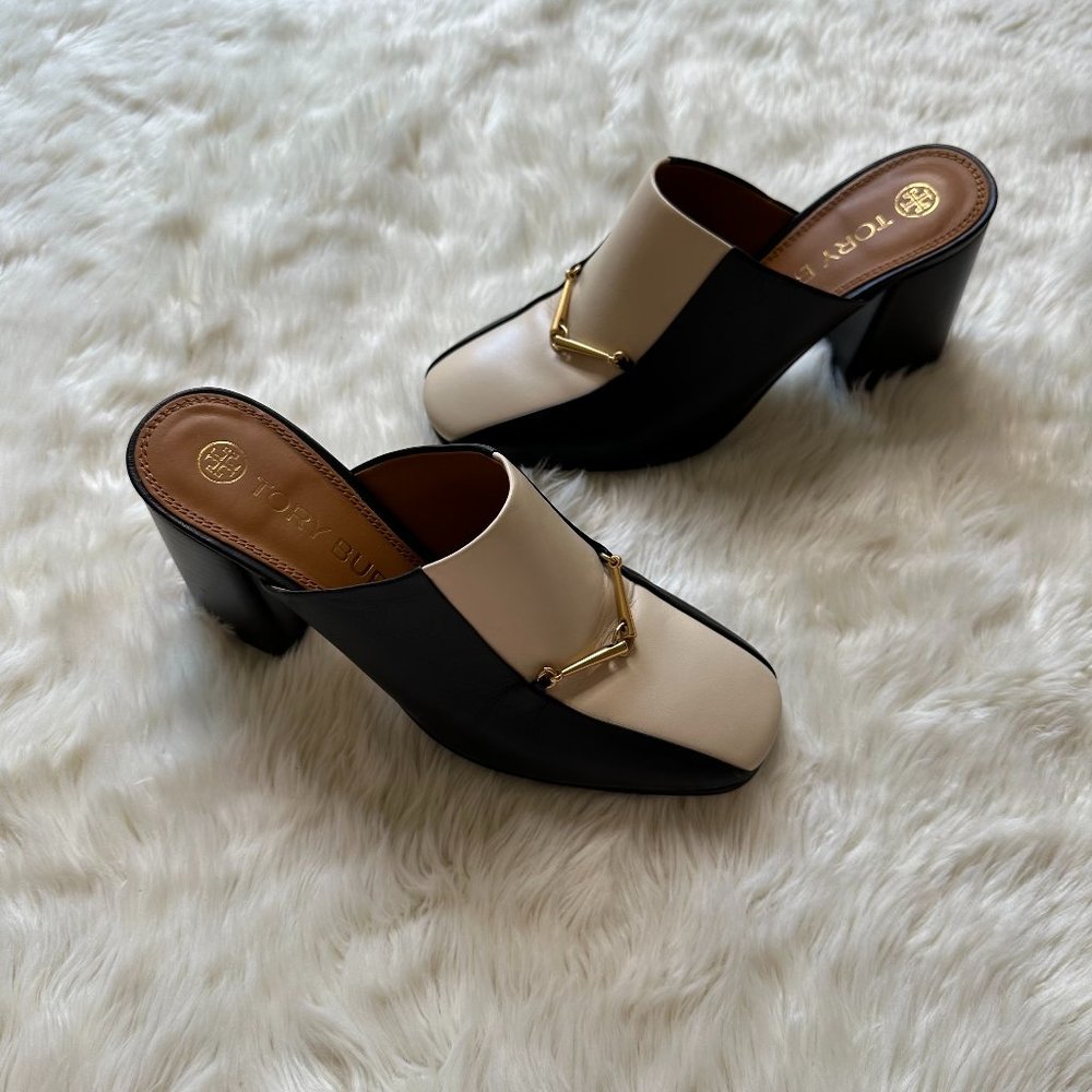 Tory Burch Equestrian Link Leather High Heeled Mules Cream Black Gold 6.5M